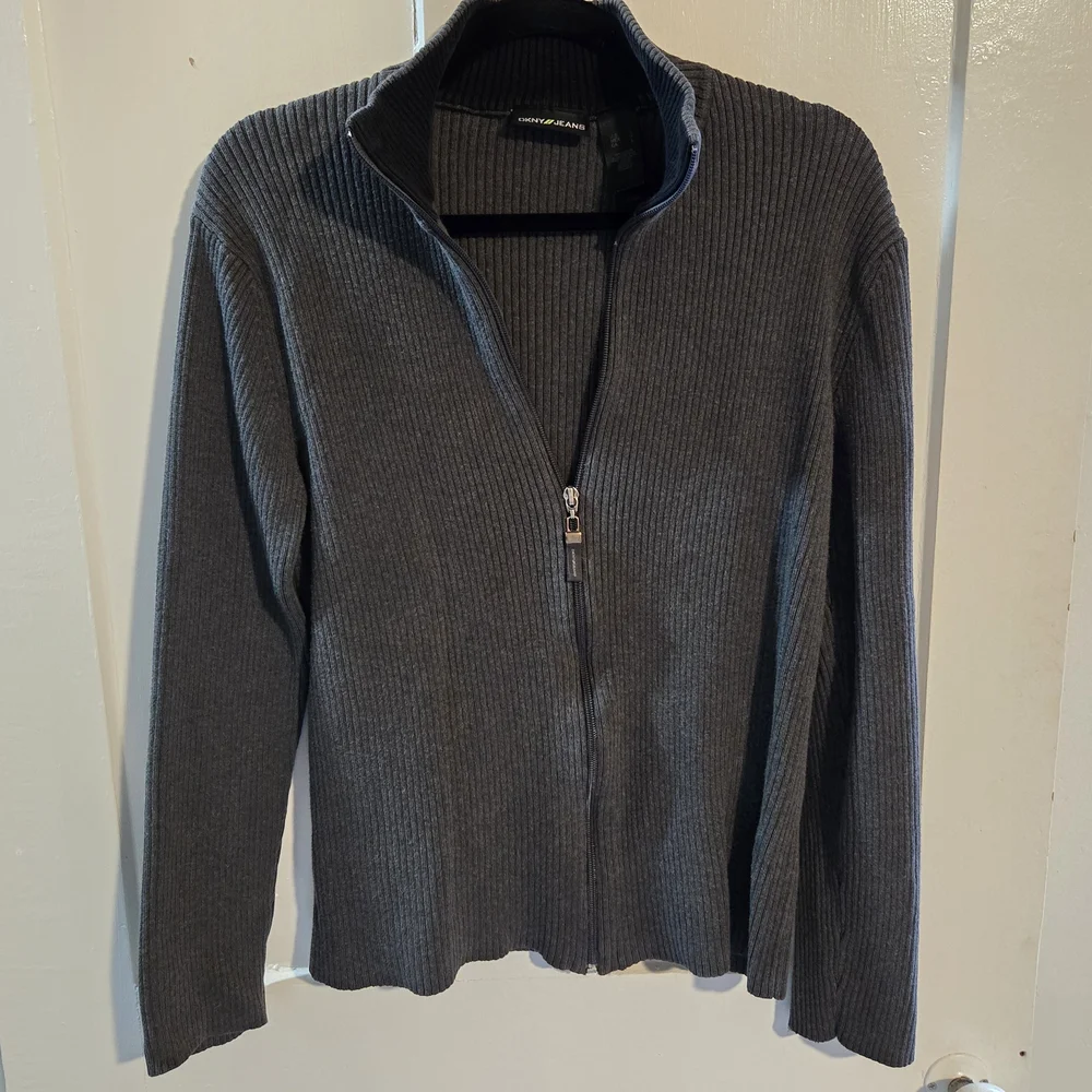 DKNY Gray Ribbed Zip-Up Sweater Cardigan Size Large Retro, 100% Cotton, Y2K Cute